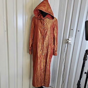 IC COLLECTION Metallic Orange Red Gold Hooded Coat Jacket Crinkle Size Medium